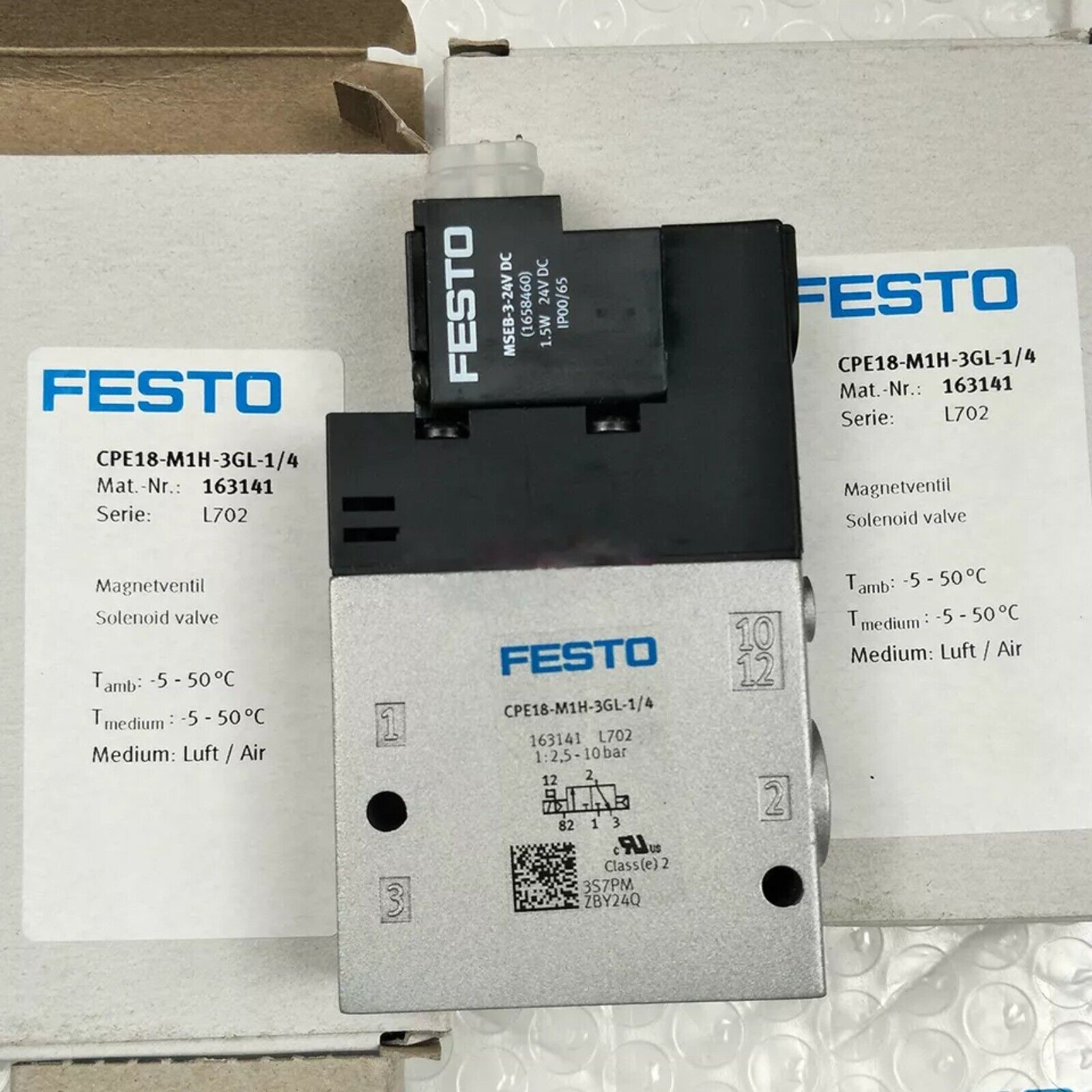 FESTO CPE18-M1H-3GL-1/4 Solenoid Valve, industrial automation component, model 163141, L702, featuring specifications.