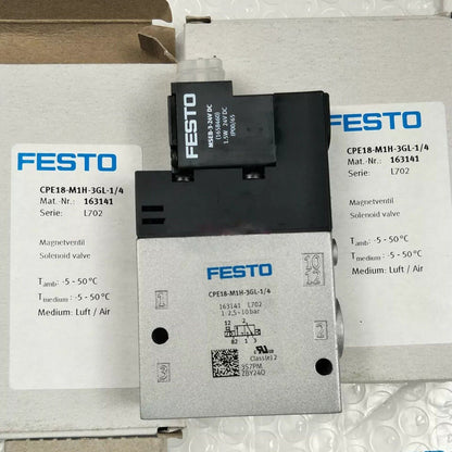 FESTO CPE18-M1H-3GL-1/4 Solenoid Valve, industrial automation component, model 163141, L702, featuring specifications.