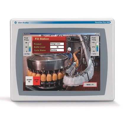 Allen-Bradley PanelView Plus 1500 display showing fill station with orange juice, PLC automation