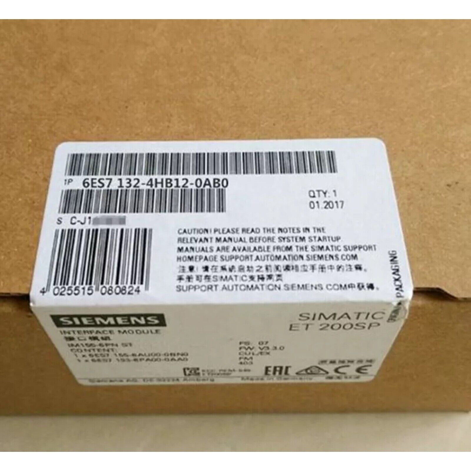 Siemens SIMATIC ET 200SP module packaging with model number 6ES7132-4HB12-0AB0 and other details.