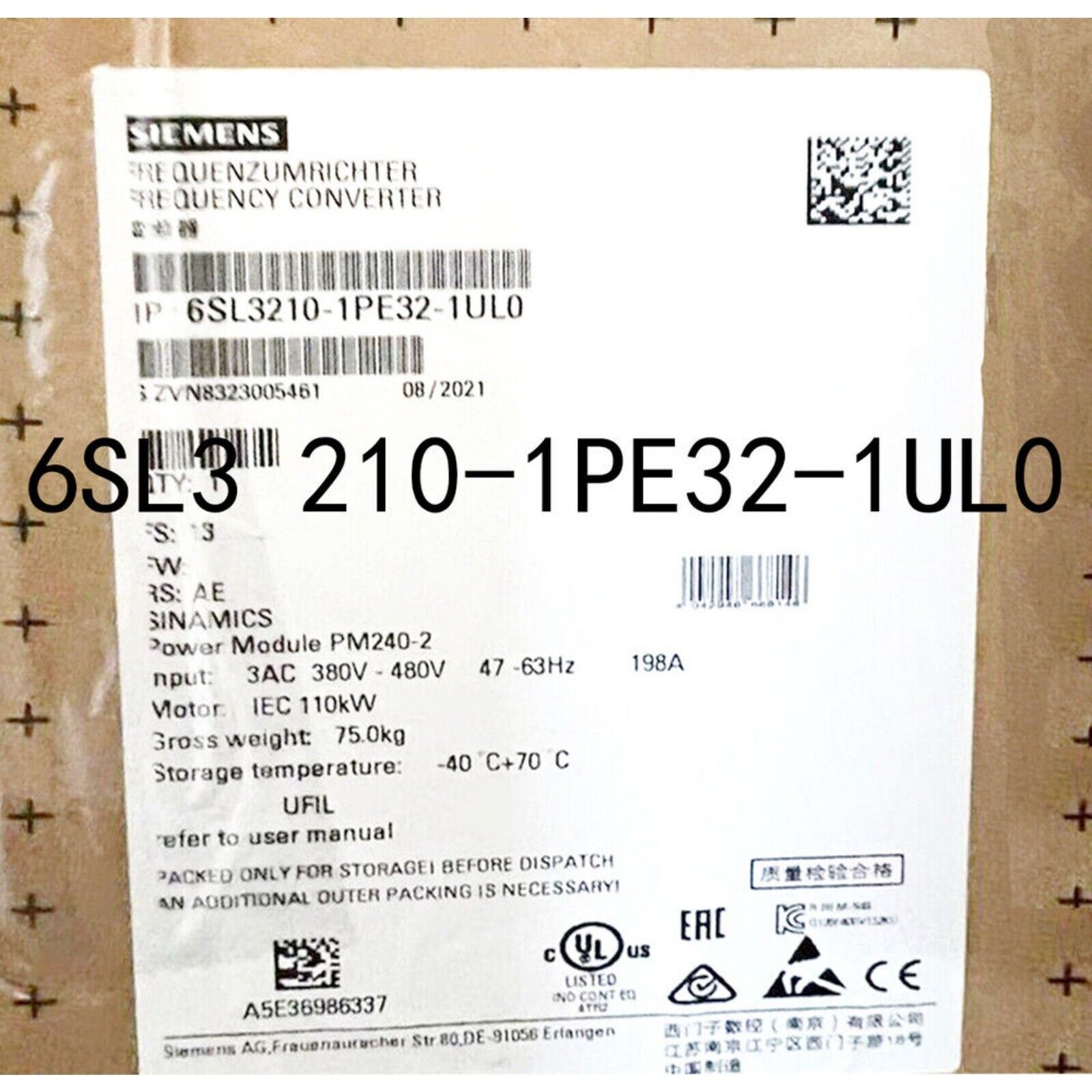 Siemens SINAMICS G120 Power Module 6SL3210-1PE32-1UL0 product label, frequency converter, industrial automation part.