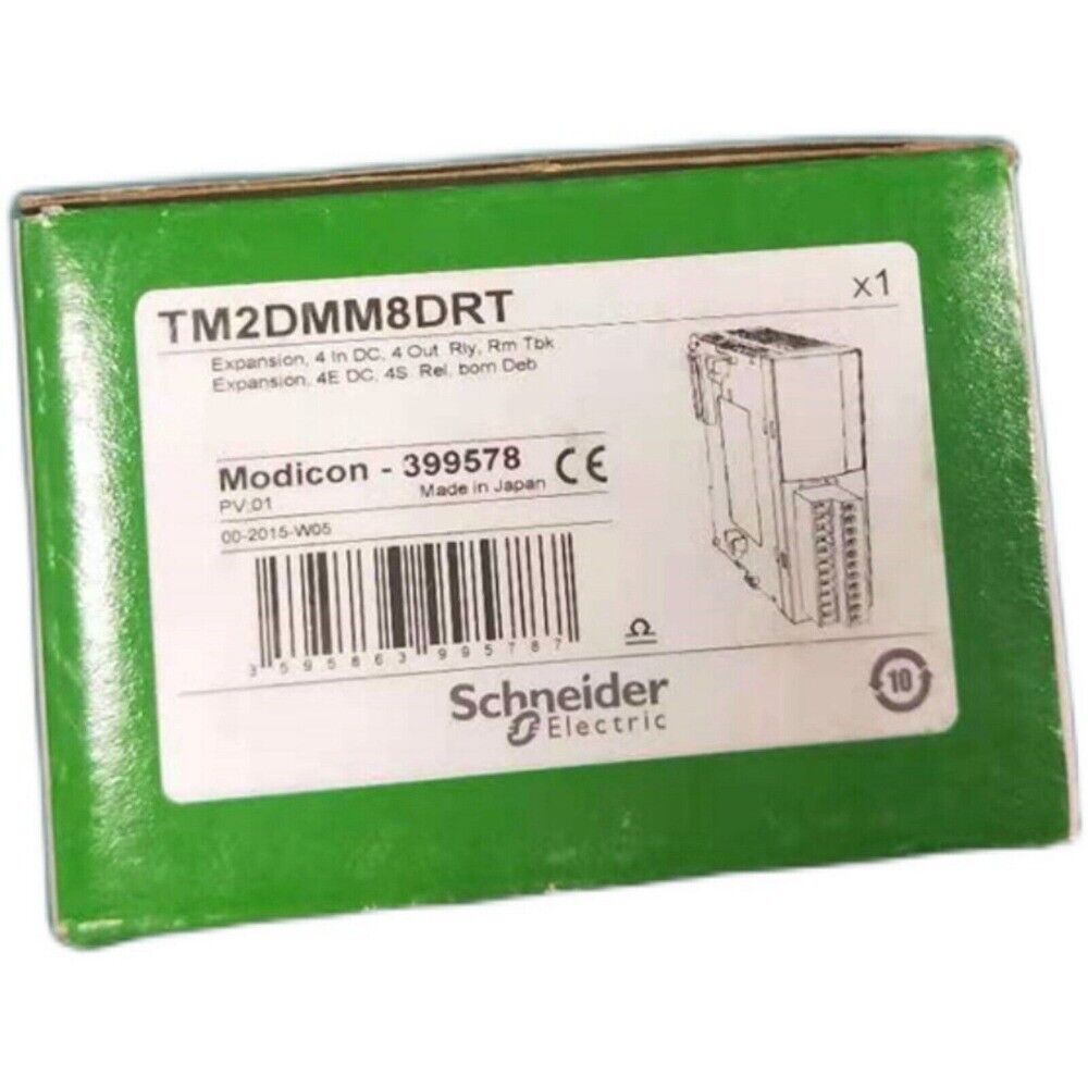 Schneider Electric TM2DMM8DRT PLC Expansion Module, Made in Japan, featuring DC IN/OUT and relay connectors.
