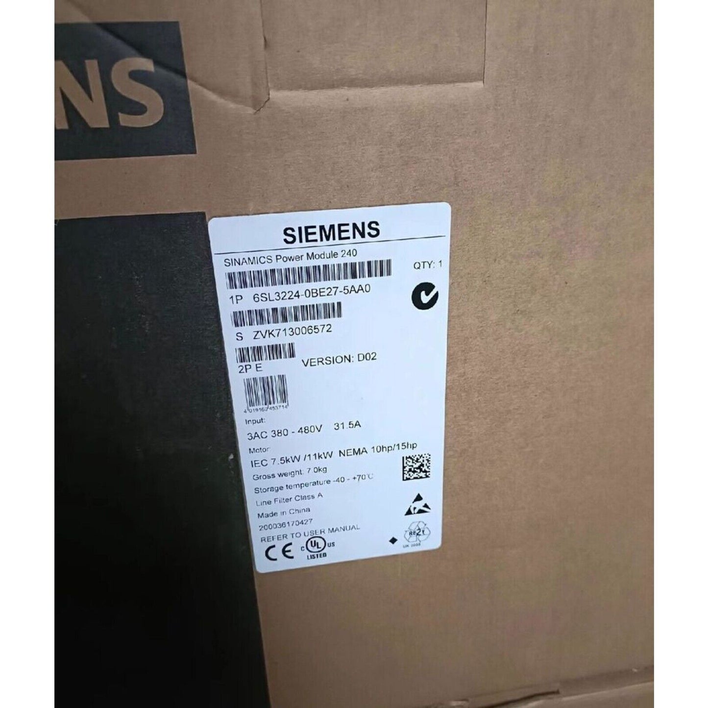Siemens SINAMICS G120 PM240 Power Module 6SL3224-0BE27-5AA0 box, industrial automation equipment