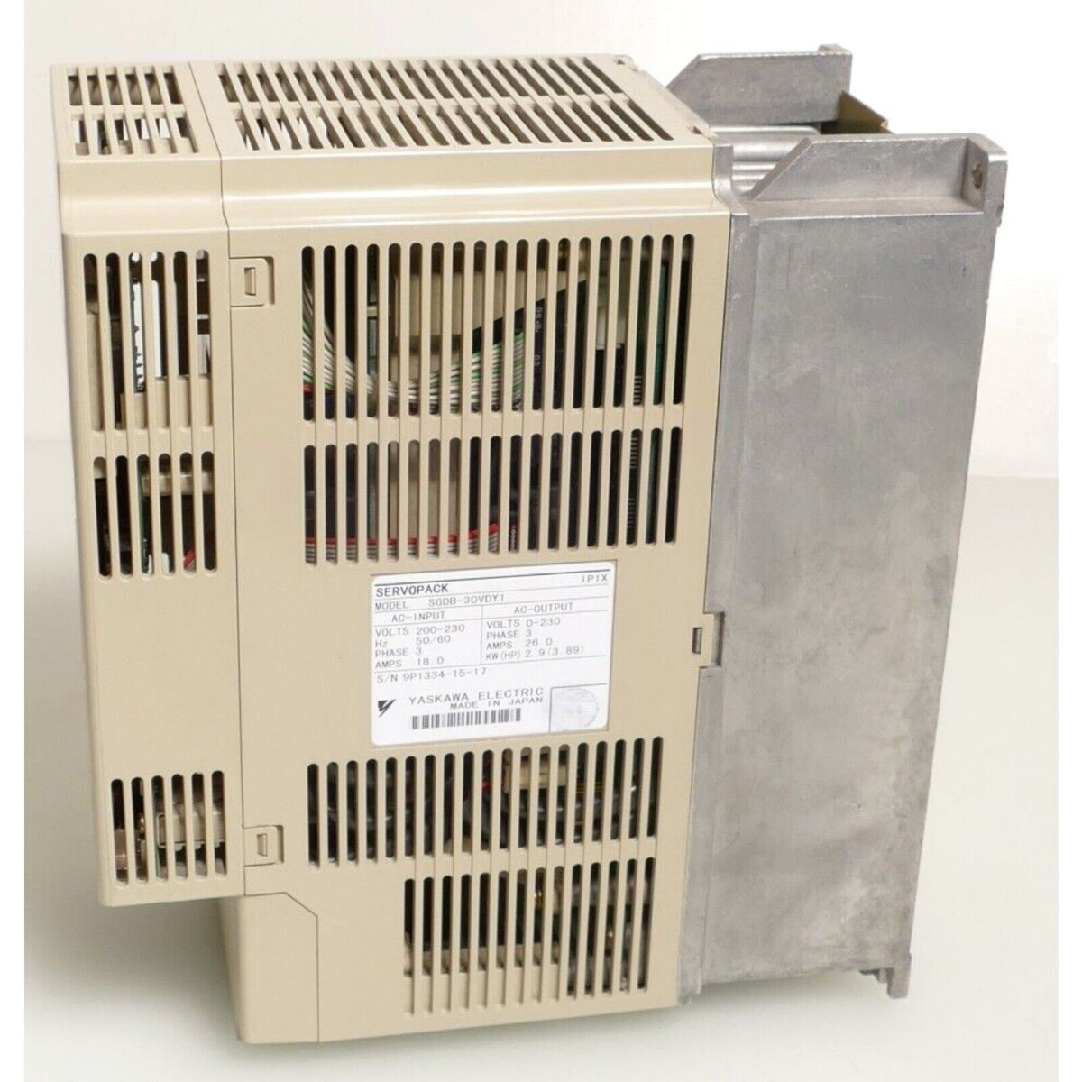 Yaskawa Electric Servopack SGDB-30VDY1 servo drive, beige metal casing with label, industrial automation part.