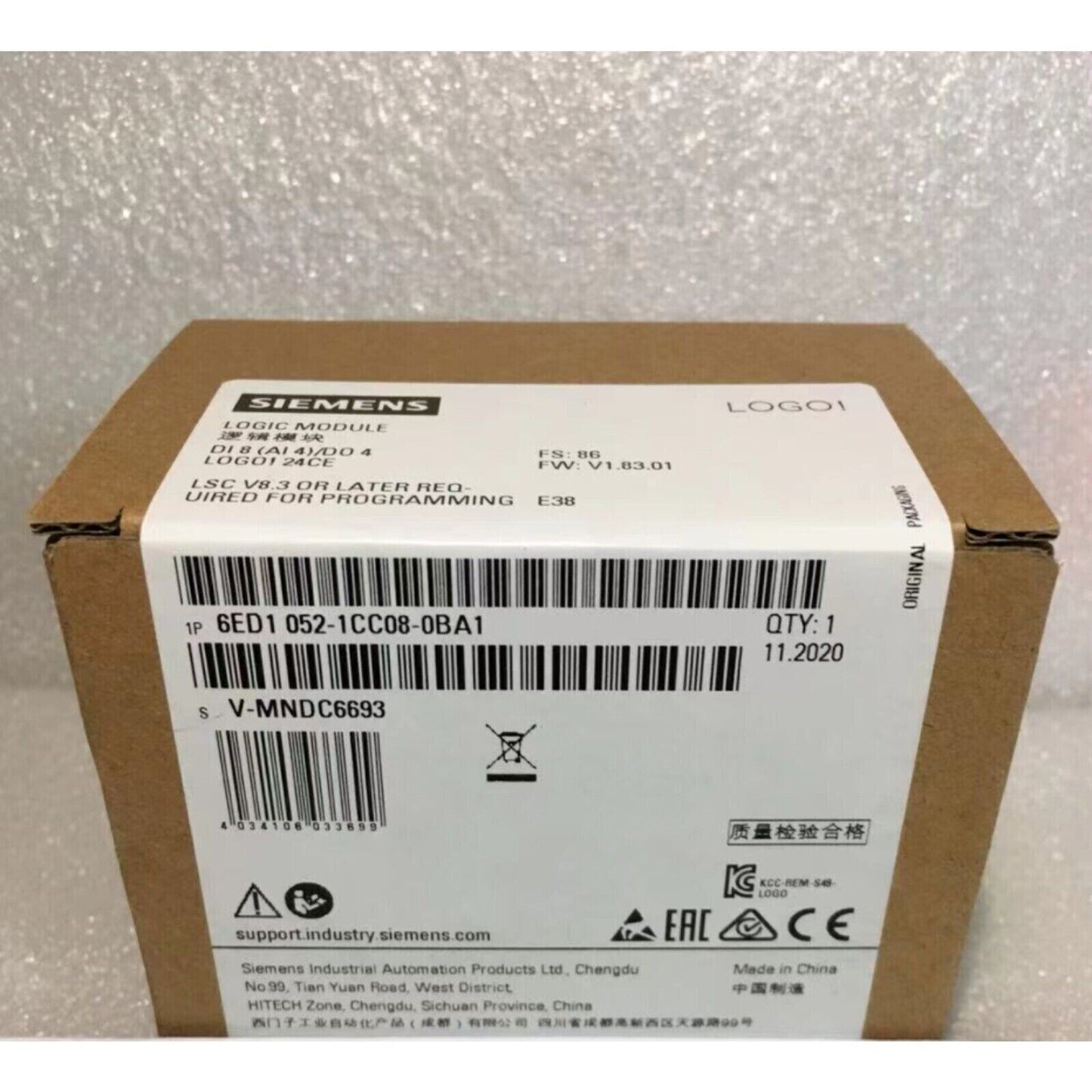 Siemens LOGO! 24CE Logic Module in original packaging, part number 6ED1052-1CC08-0BA1, industrial automation component.