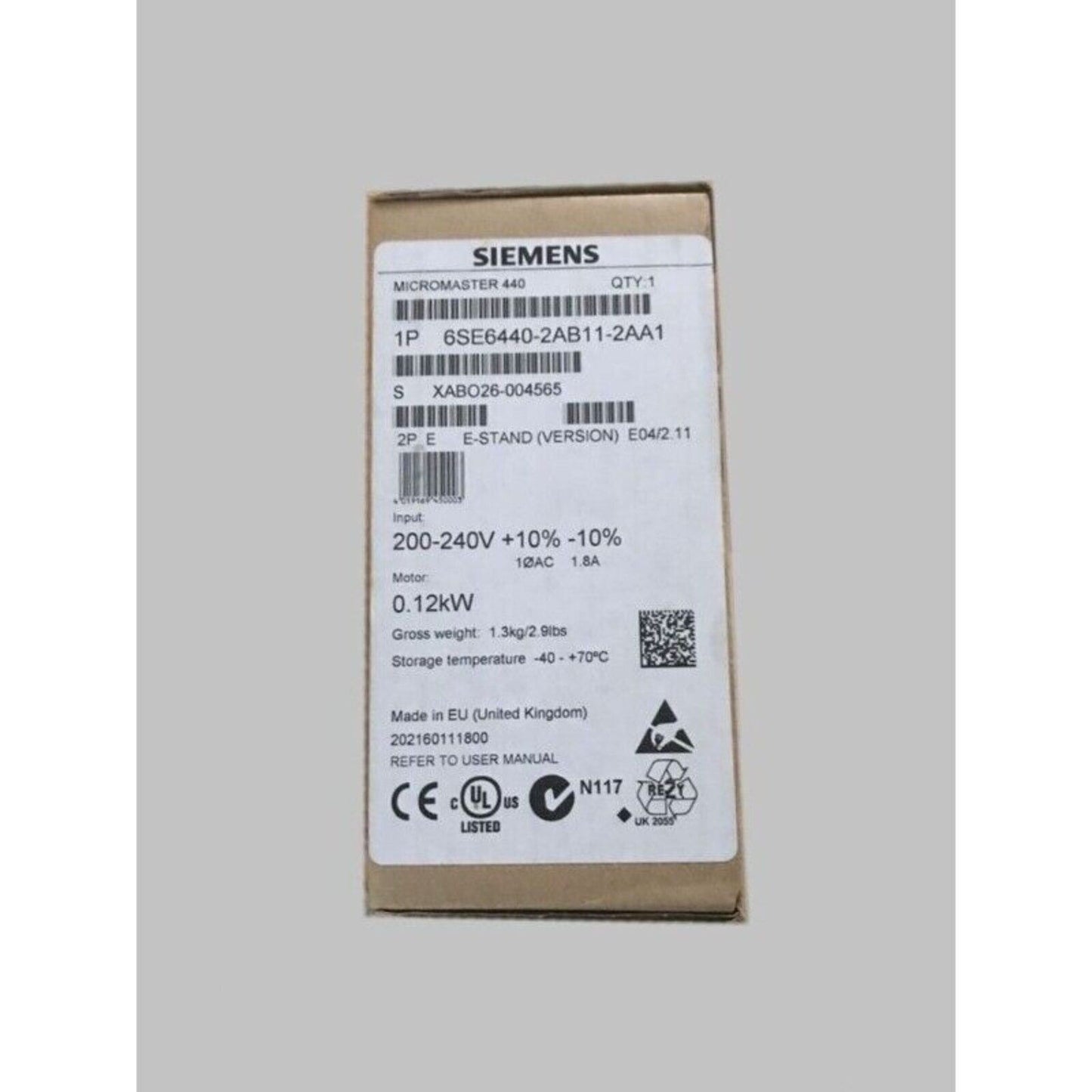 Siemens MICROMASTER 440 drive, model 6SE6440-2AB11-2AA1, industrial automation component, with product specifications.