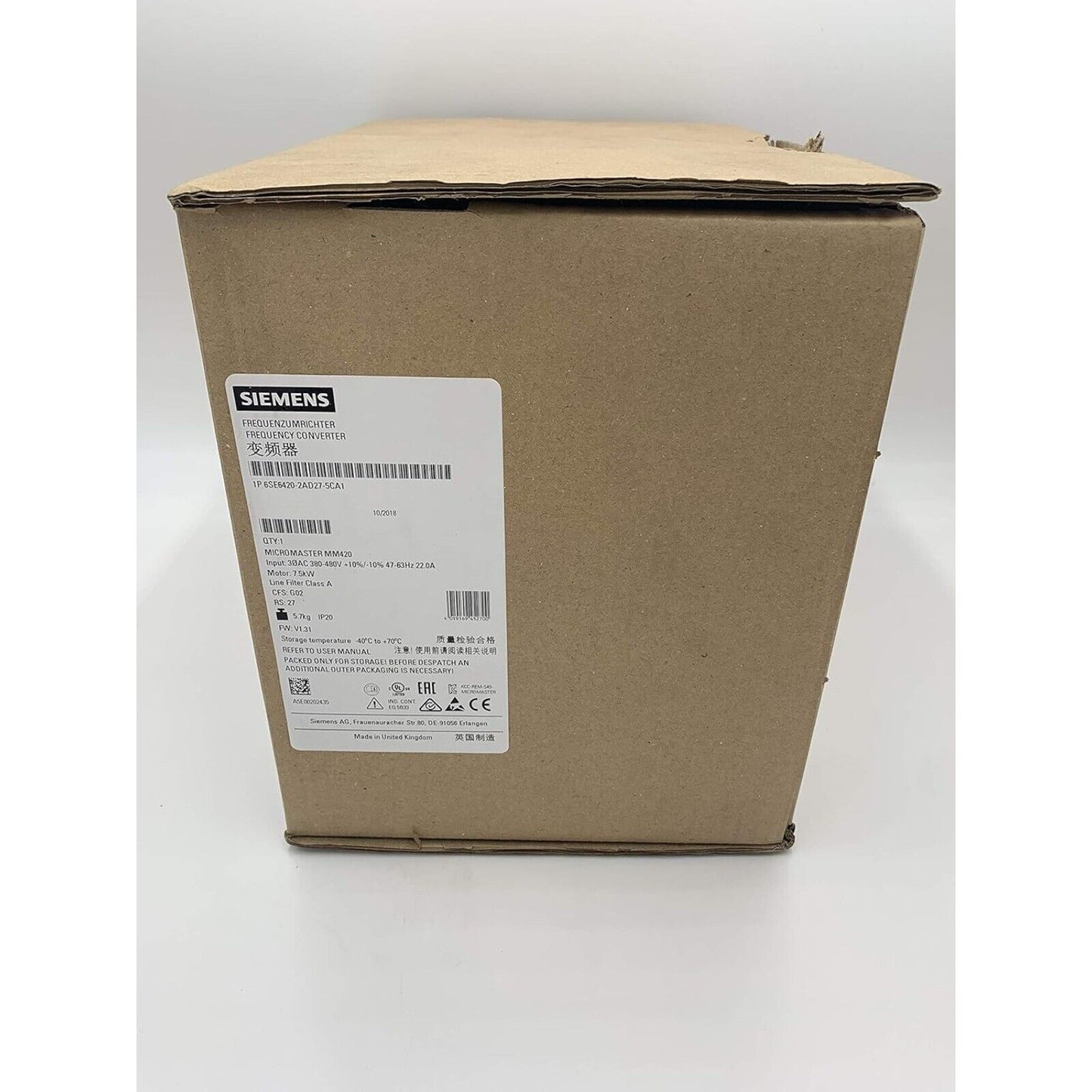 Siemens MICROMASTER 420 Frequency Converter in Brown Cardboard Box. Model 6SE6420-2AD27-5CA1, industrial automation part.