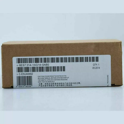 Siemens SIMATIC S7-300 CPU 314 in packaging, model 6ES7 314-1AG14-0AB0, industrial automation part, caution notes.