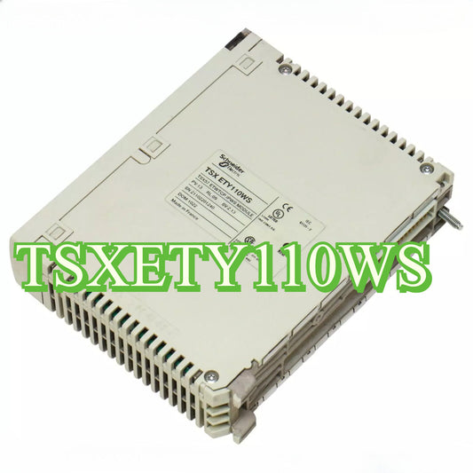 Schneider TSX ETY110WS Ethernet Module. Beige industrial automation part, model details visible.