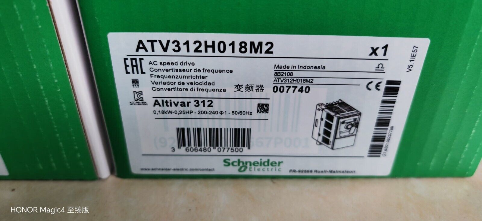 Schneider Electric ATV312H018M2 AC Speed Drive, Altivar 312, Made in Indonesia. Industrial automation component.