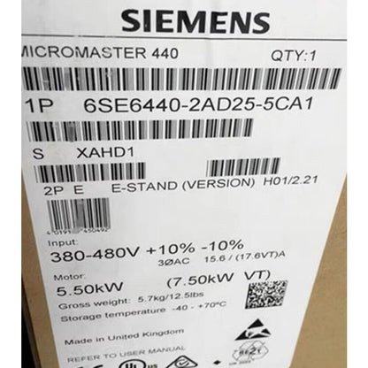 Siemens MICROMASTER 440 frequency inverter label: model 6SE6440-2AD25-5CA1, input voltage, 5.5kW output.