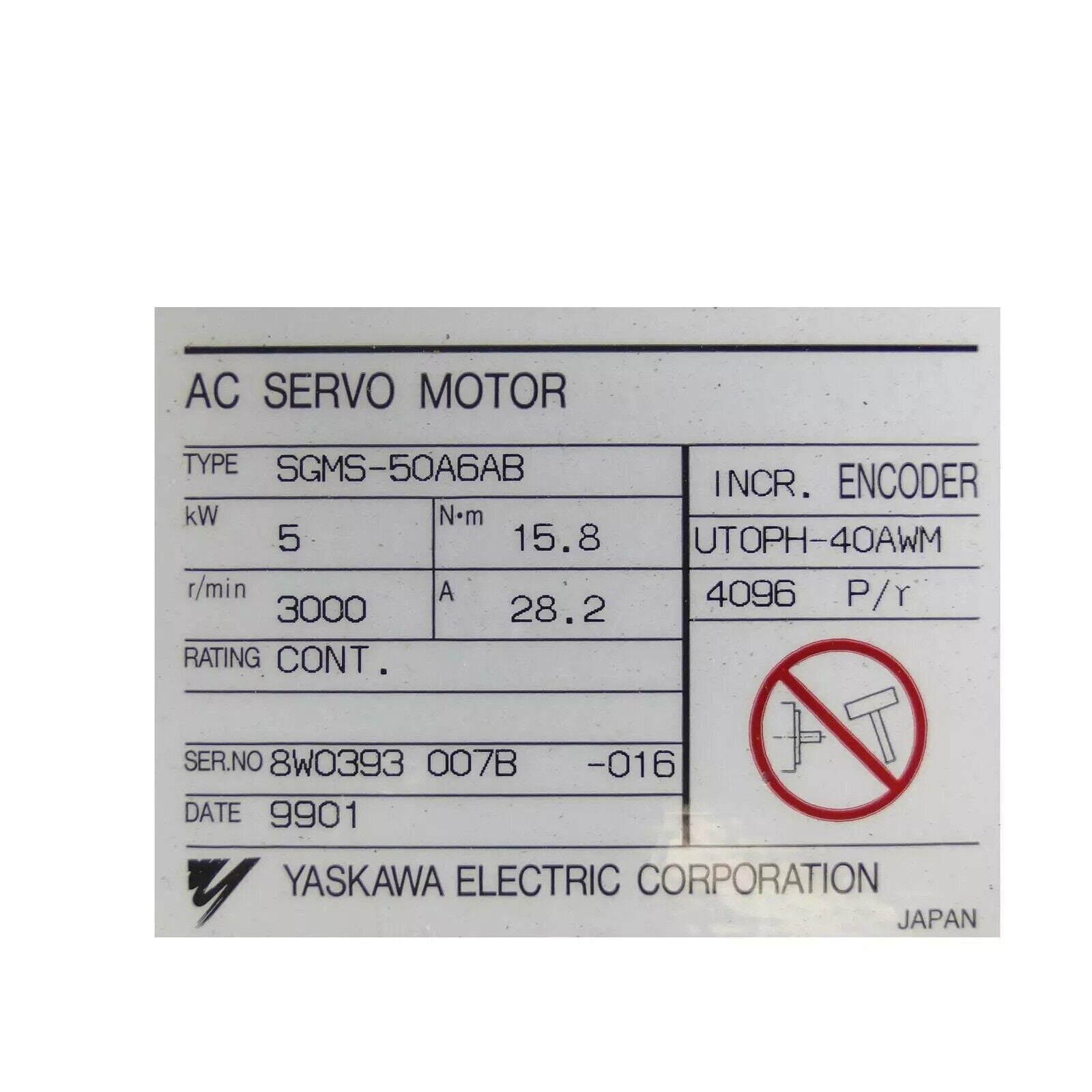Yaskawa SGMS-50A6AB AC Servo Motor label, industrial automation part specifications, Made in Japan.