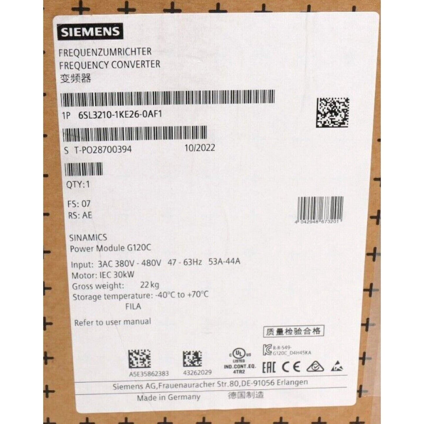Siemens SINAMICS G120C Power Module, 6SL3210-1KE26-0AF1, Industrial Automation Part, Made in Germany.