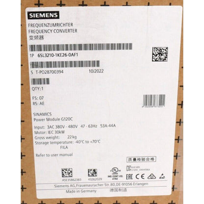 Siemens SINAMICS G120C Power Module, 6SL3210-1KE26-0AF1, Industrial Automation Part, Made in Germany.