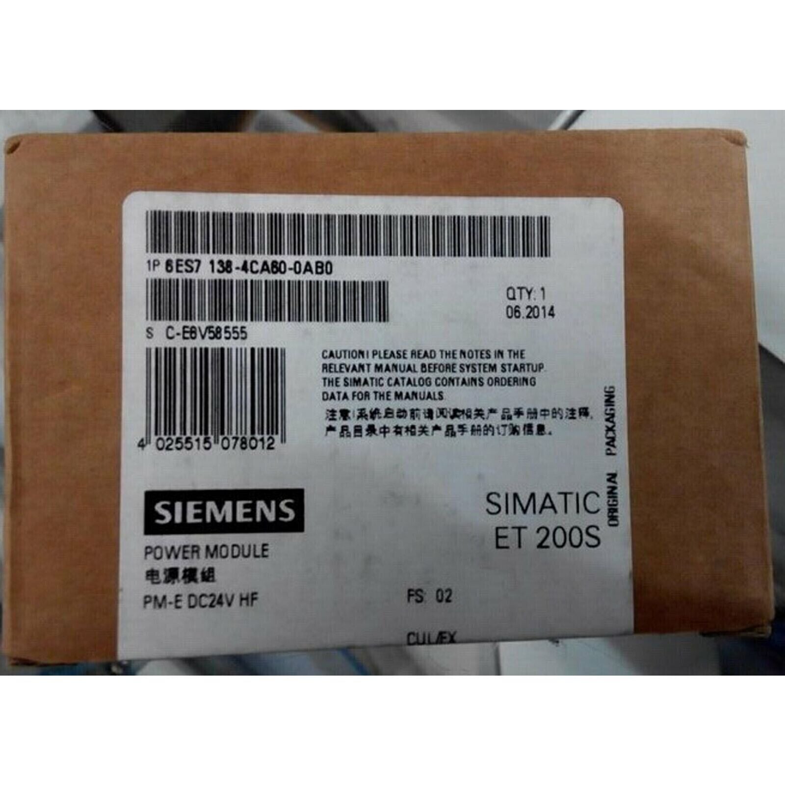Siemens SIMATIC ET 200S PM-E Power Module packaging, model 6ES7 138-4CA60-0AB0. Includes product details and serial number.