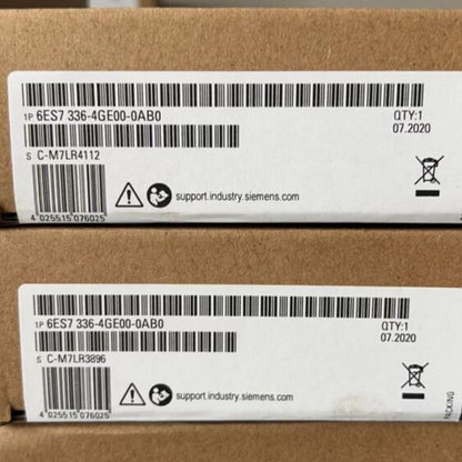 Siemens 6ES7336-4GE00-0AB0 product packaging, showing part number and barcode. Industrial automation parts.