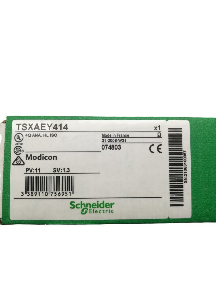 Schneider Electric TSXAEY414 PLC module, industrial automation component, new in box, with CE marking, made in France.