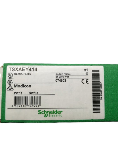 Schneider Electric TSXAEY414 PLC module, industrial automation component, new in box, with CE marking, made in France.