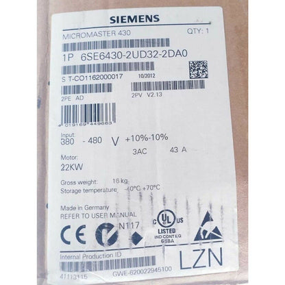 Siemens MICROMASTER 430 drive unit, 6SE6430-2UD32-2DA0, industrial automation, 22KW motor, Made in Germany.