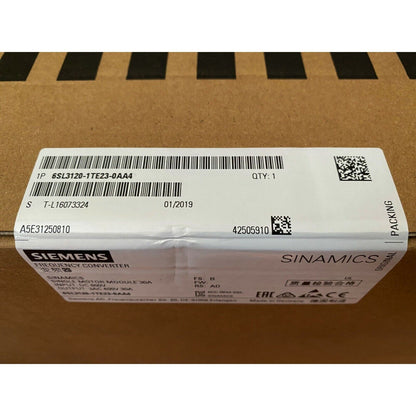 Siemens SINAMICS S120 control unit packaging. Model 6SL3120-1TE23-0AA4, for industrial automation.