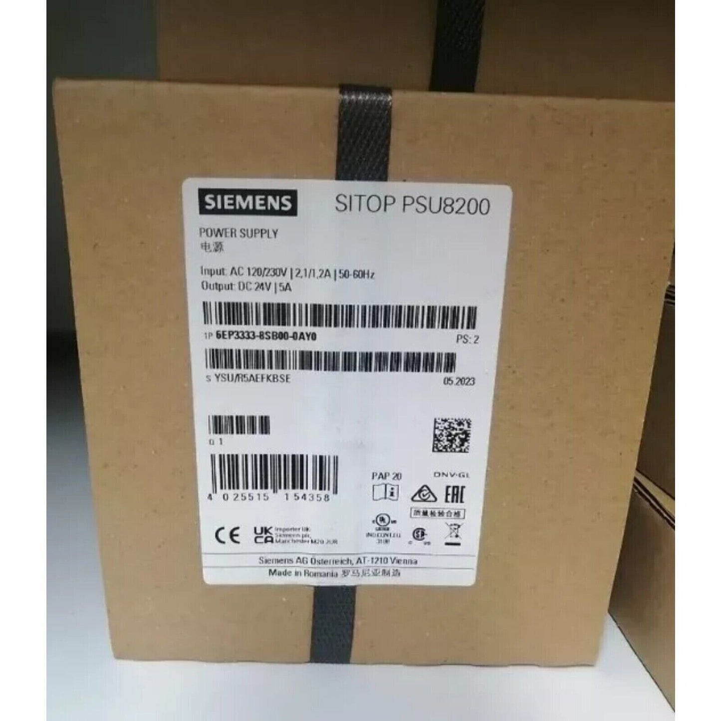 Siemens SITOP PSU8200 Power Supply 6EP3333-8SB00-0AY0, industrial automation component, brown box with label details.
