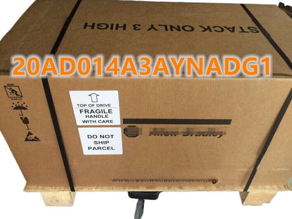 Allen-Bradley PowerFlex 70 AC Drive in shipping box. 20AD014A3AYNADG1, fragile handle with care, stack only 3 high.