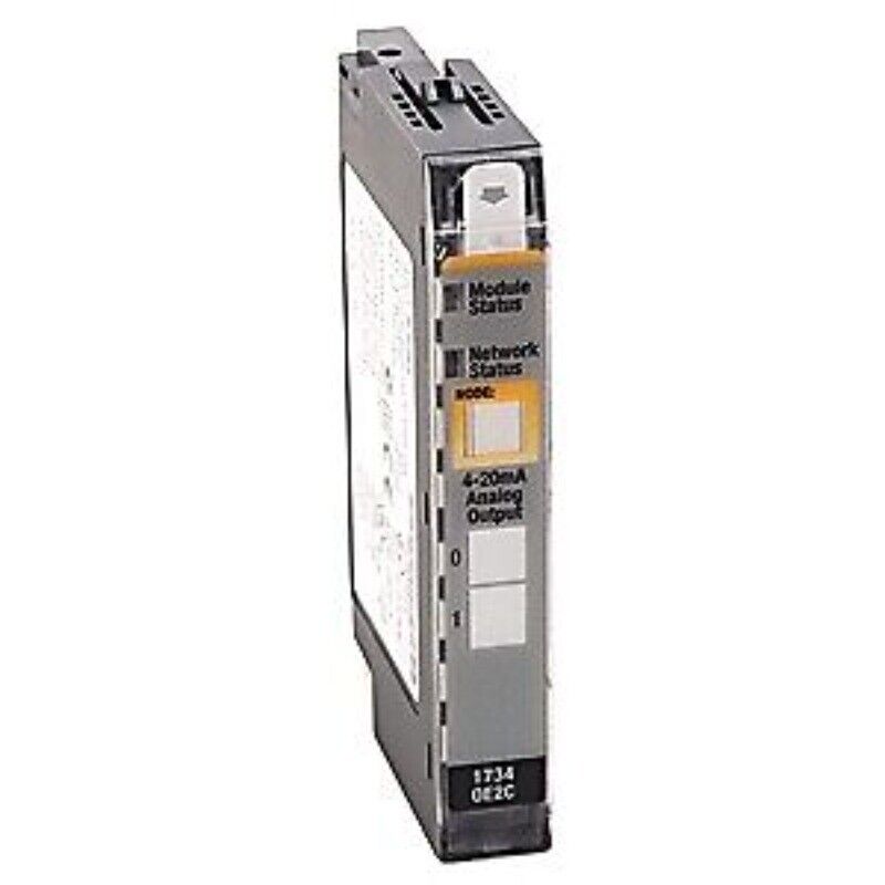 Allen-Bradley 1734-OE2C POINT I/O Module. Displays module status, network status, and 4-20mA analog output.