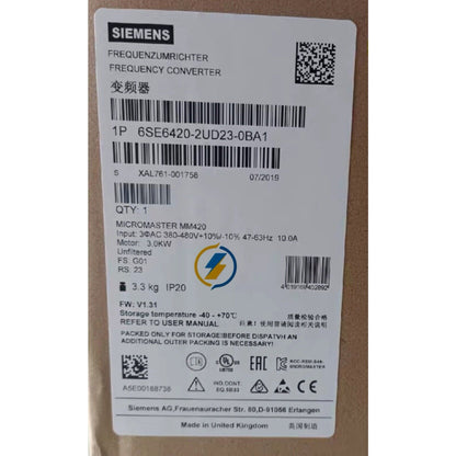 Siemens MICROMASTER 420 VFD label, 6SE6420-2UD23-0BA1, industrial automation part, input 380-480V, Made in UK
