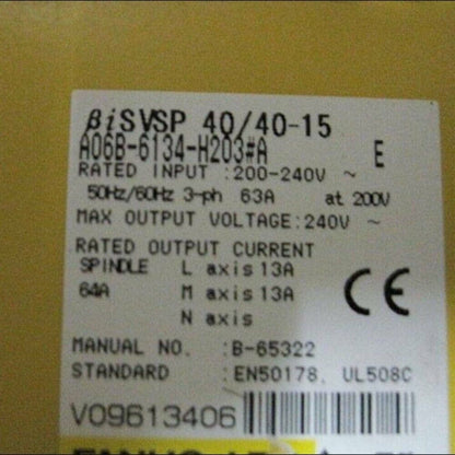 FANUC A06B-6134-H203#A Servo Driver Amplifier Label, electrical specifications, CE mark, and model information.