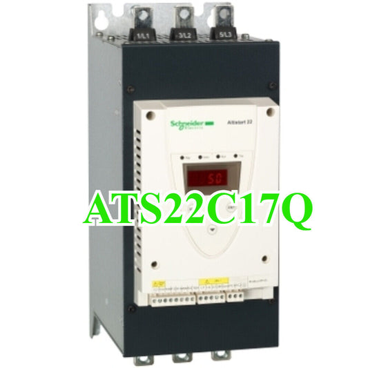 Schneider ATS22C17Q soft starter, featuring a digital display showing a value, product for industrial automation.