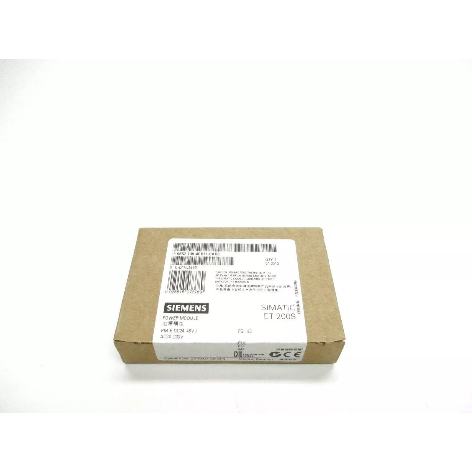Siemens SIMATIC ET 200S Power Module. Product box showing model 6ES7 138-4CB11-0AB0.