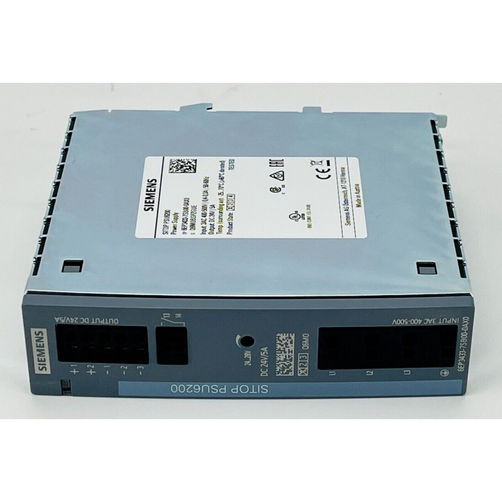 Siemens SITOP PSU6200 Power Supply, 6EP3433-7SB00-0AX0, industrial automation component, DC 24V/5A output, Made in Austria.