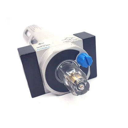 FESTO LOE-D-MINI 0243 Air line lubricator, pneumatic component with blue adjustment knob and clear sight glass