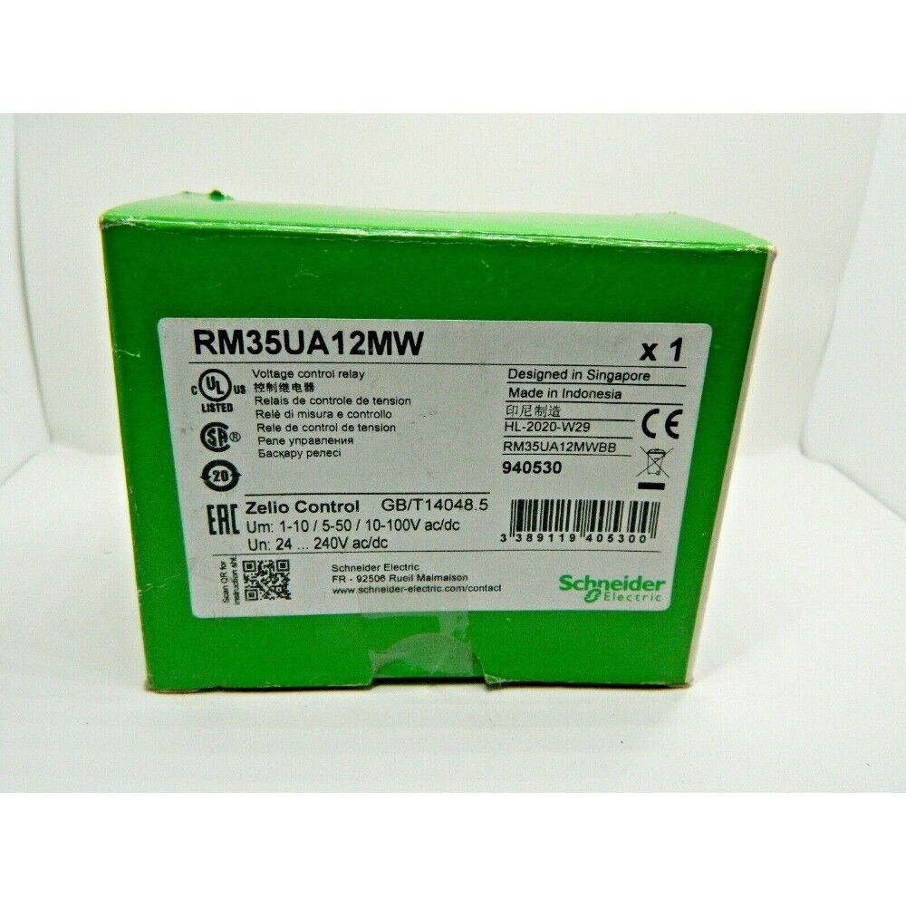 Schneider RM35UA12MW Zelio Control voltage relay, green box with product specifications.