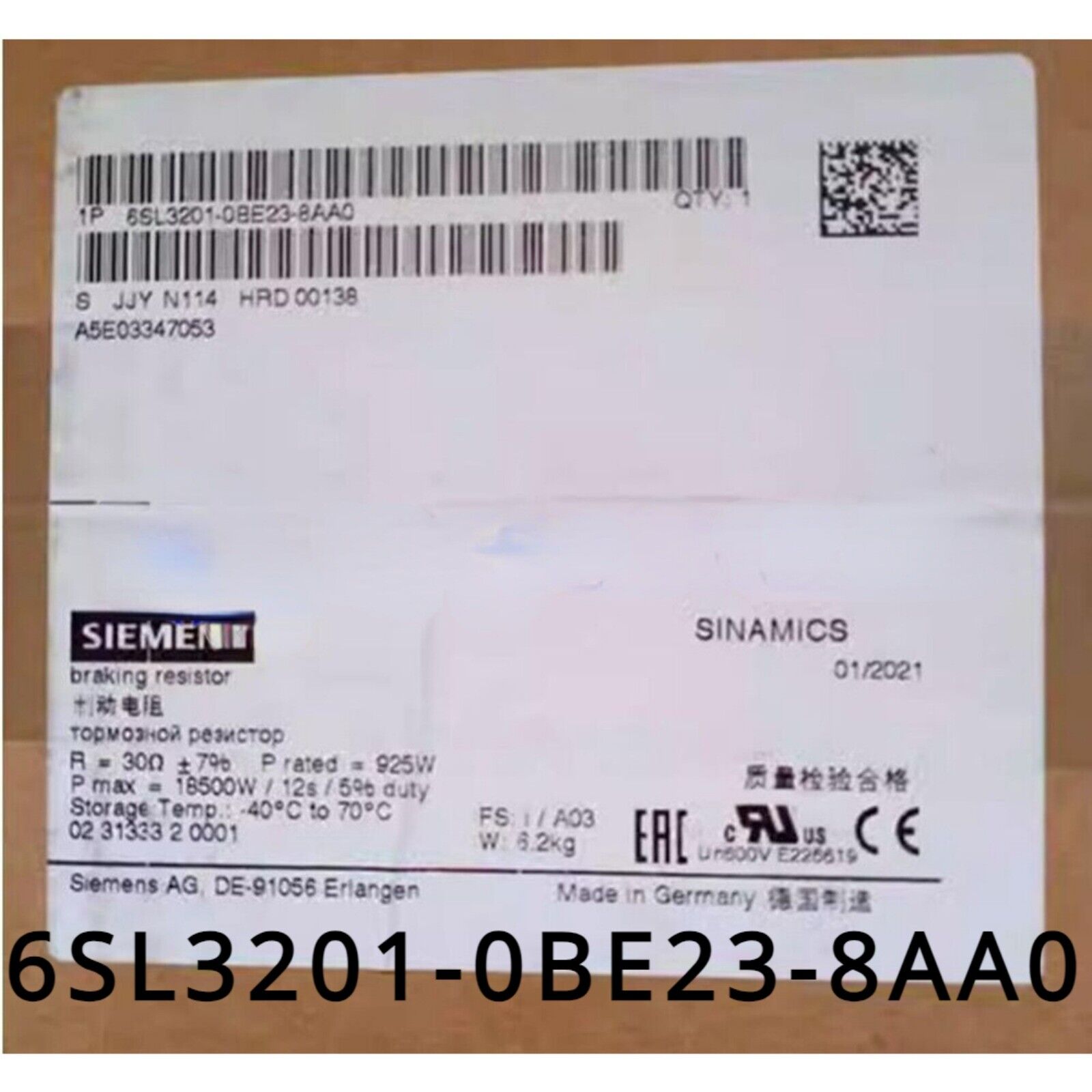Siemens SINAMICS 6SL3201-0BE23-8AA0 Braking Resistor, Industrial Automation Part