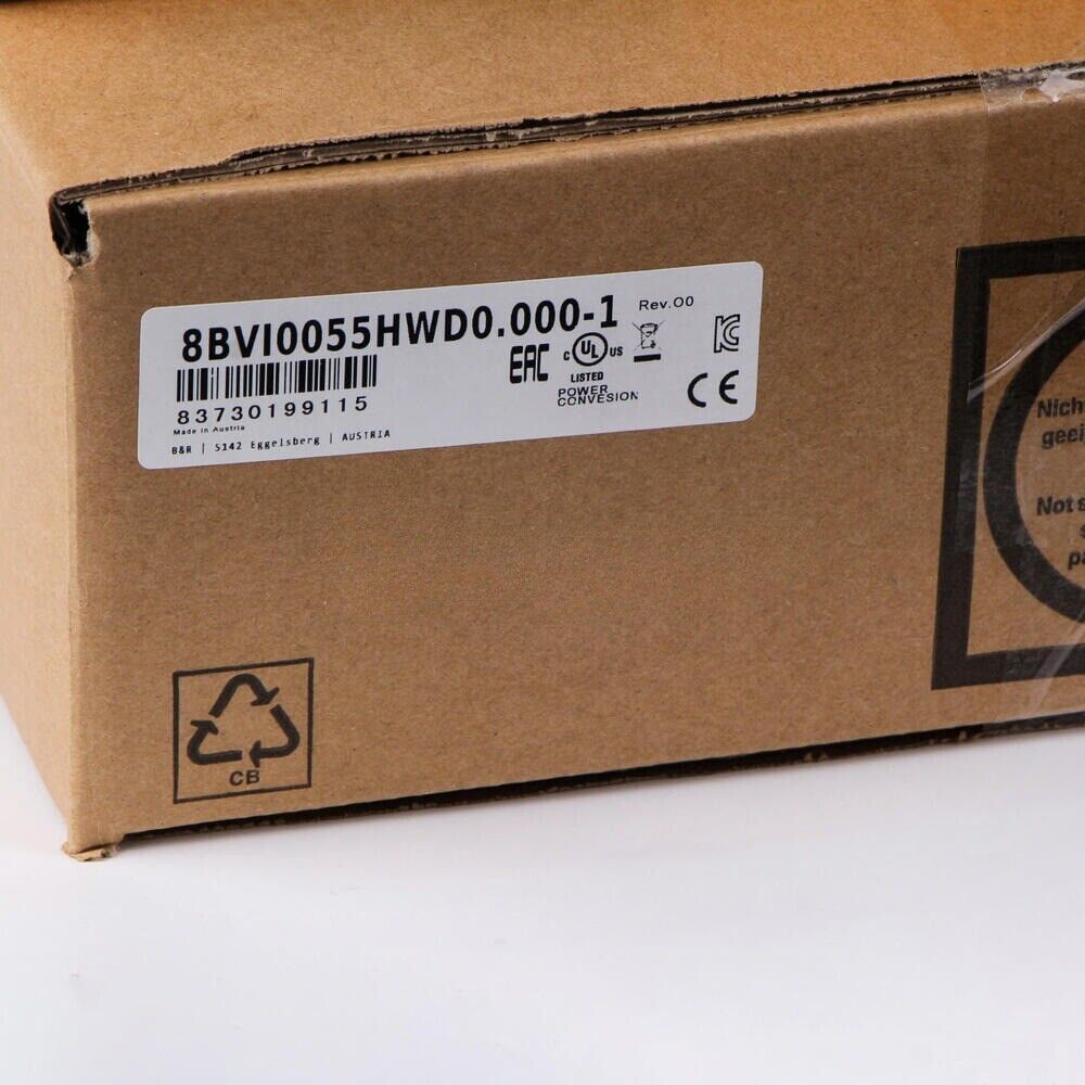 B&R 8BVI0055HWD0.000-1 Servo Drive box, industrial automation part, with certification labels.