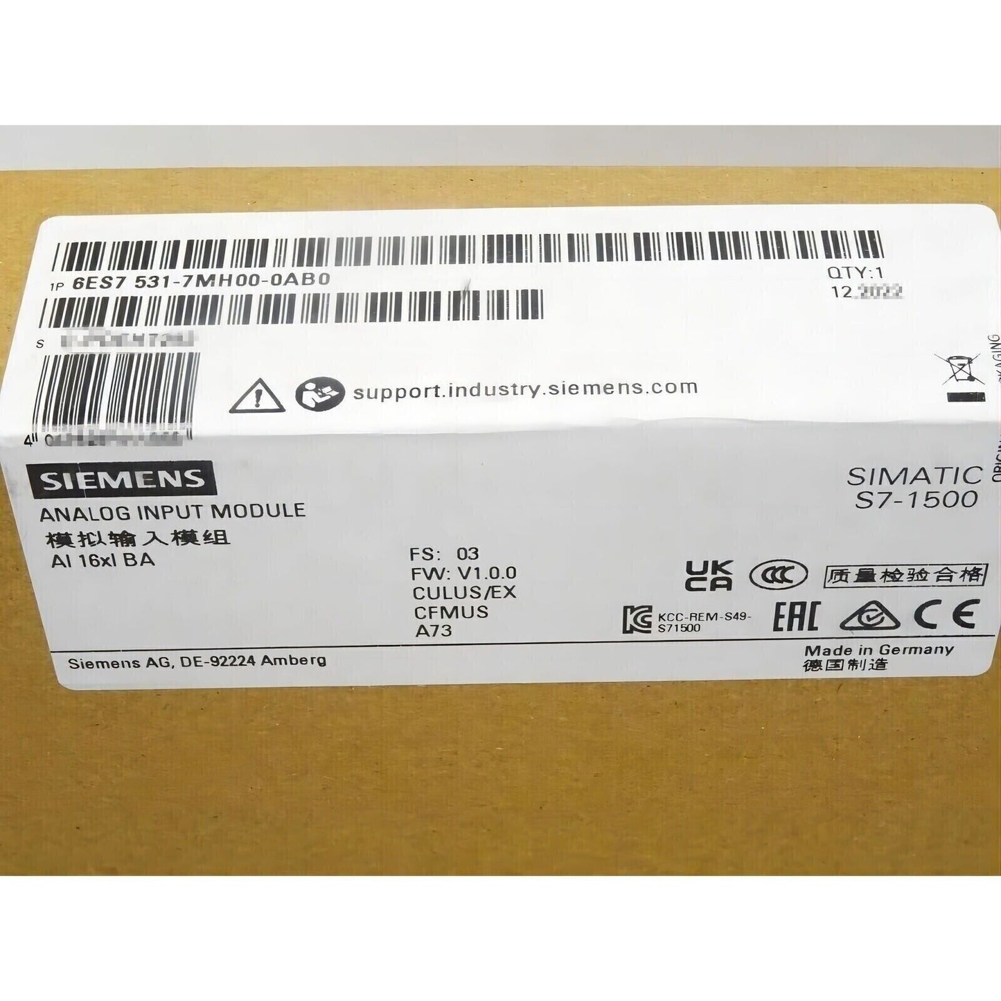 Siemens SIMATIC S7-1500 Analog Input Module 6ES7531-7MH00-0AB0 - Industrial Automation PLC Part