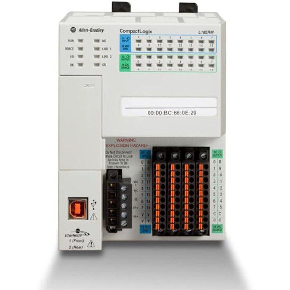 Allen-Bradley CompactLogix 1769-L16ER-BB1B Series A controller, featuring digital I/O and Ethernet/IP ports