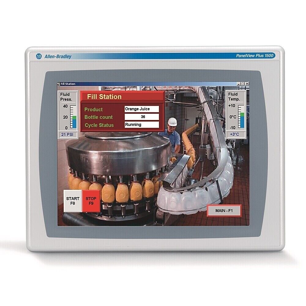 Allen-Bradley PanelView Plus 1500 HMI displaying fill station data: Orange Juice, 36 bottles, running.