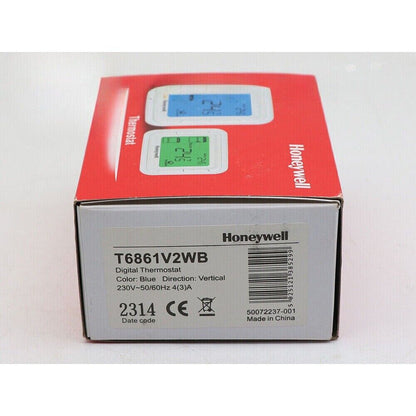 Honeywell T6861V2WB digital thermostat product box, blue display, Made in China.