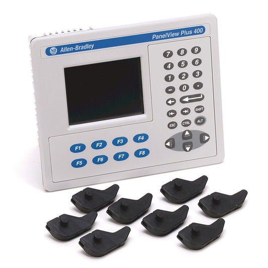 Allen-Bradley PanelView Plus 400 Touchscreen with keypad and black rubber accessories