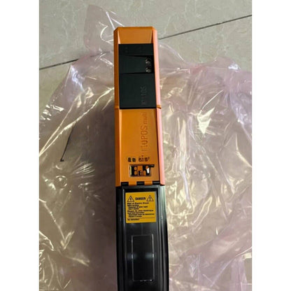 B&R 8BVI0110HCS0.000-1 Servo Drive, orange and black industrial automation part, with safety label.