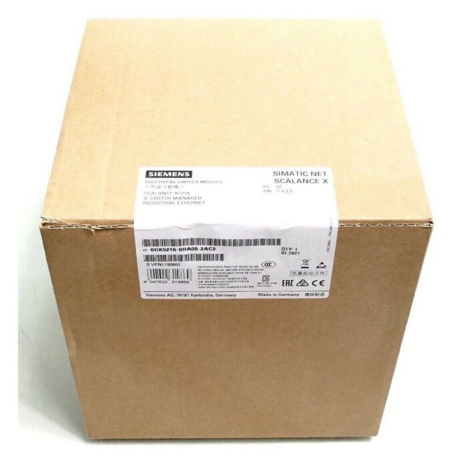 Siemens SCALANCE XC216 Industrial Ethernet Switch packaging box, product model 6GK5216-0BA00-2AC2, Made in Germany.