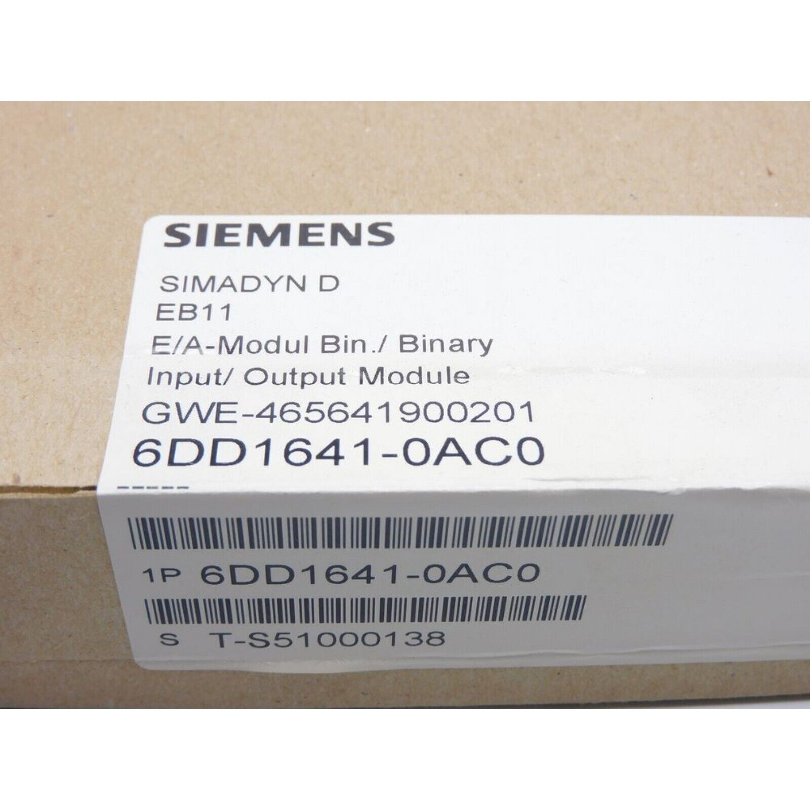 Siemens 6DD1641-0AC0 SIMADYN D Binary Input/Output Module product label, with model numbers and serial information.