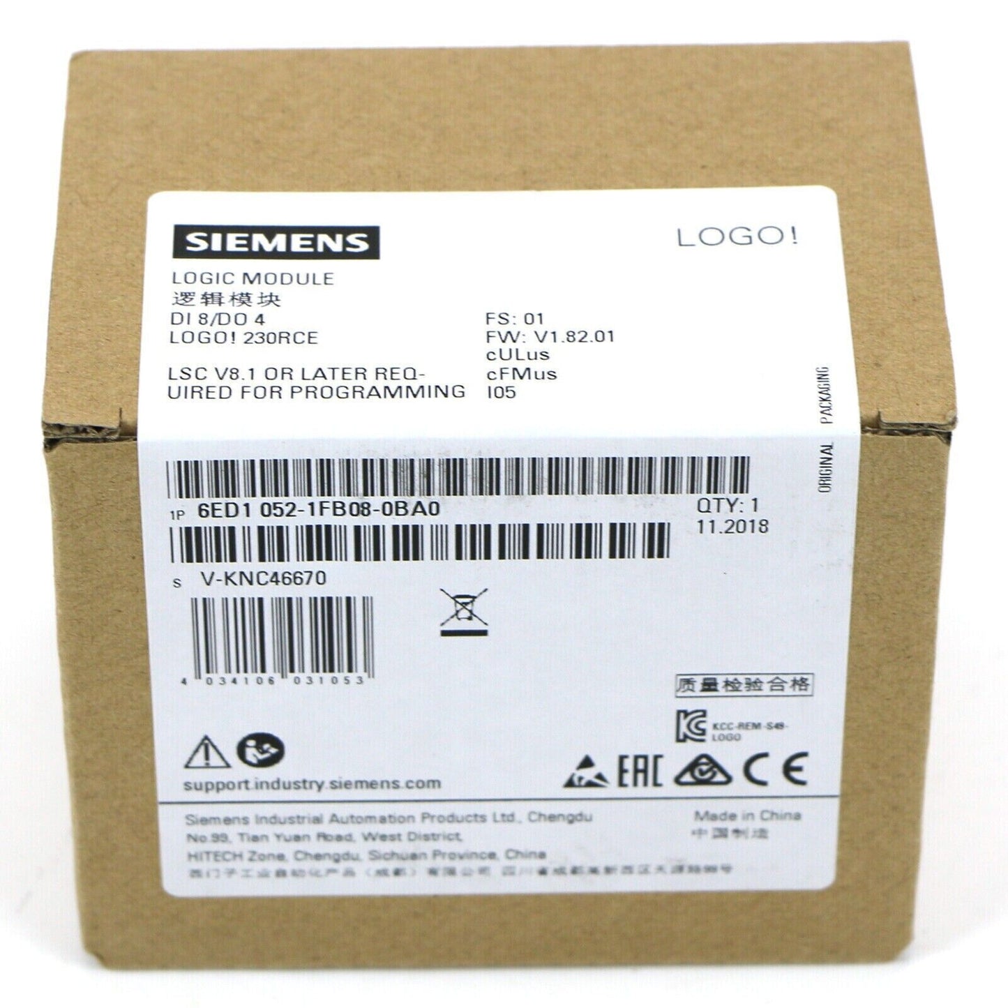 Siemens LOGO! 230RCE logic module in packaging, model 6ED1052-1FB08-0BA0, industrial automation part
