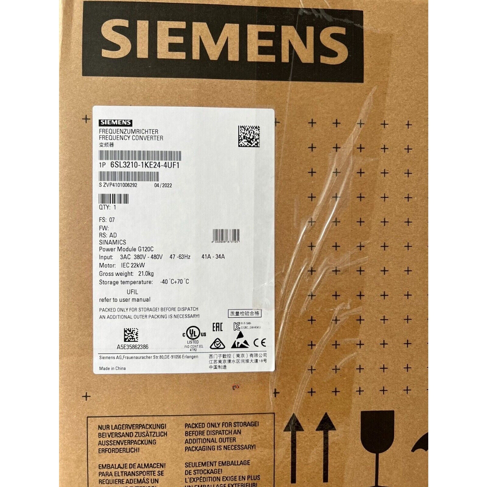 Siemens SINAMICS G120C Inverter 6SL3210-1KE24-4UF1 box, industrial automation part, product packaging.