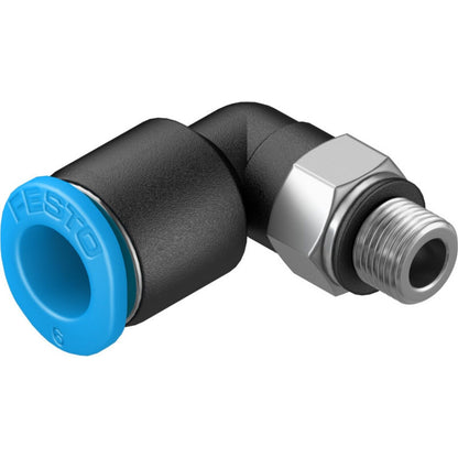 Festo QSML-M5-6 L-fitting, pneumatic component with blue accents and silver thread.
