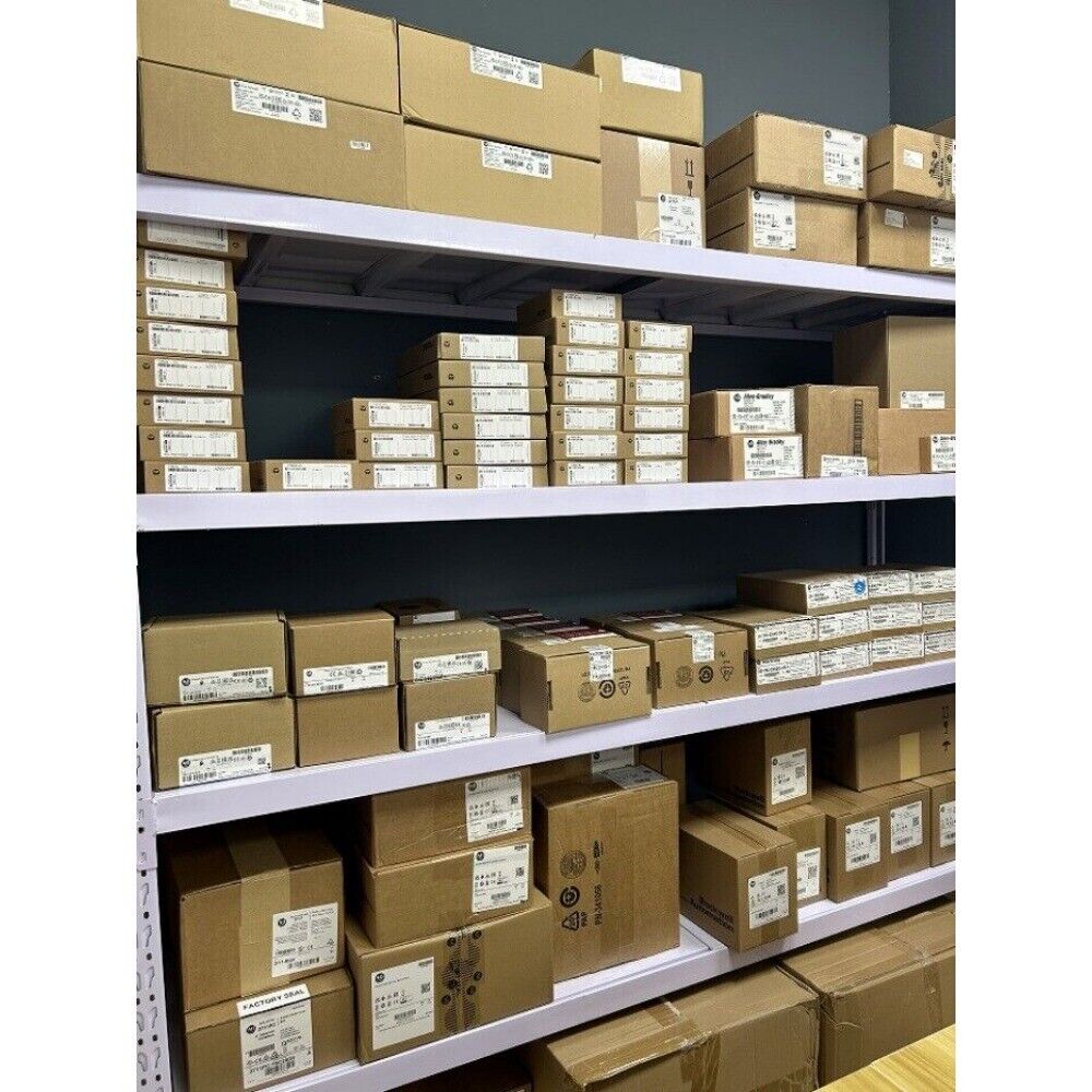 Industrial automation parts storage with Allen-Bradley boxes on shelves