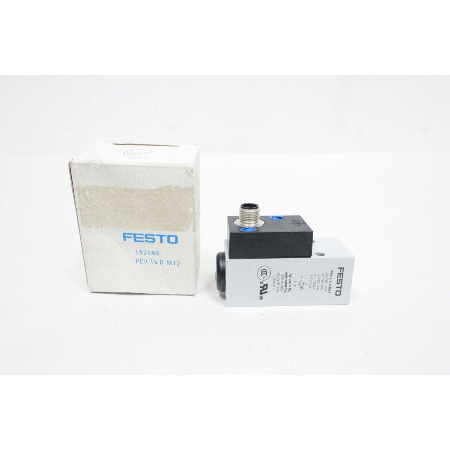 Festo PEV-1/4-B-M12 pressure switch. Industrial automation component.