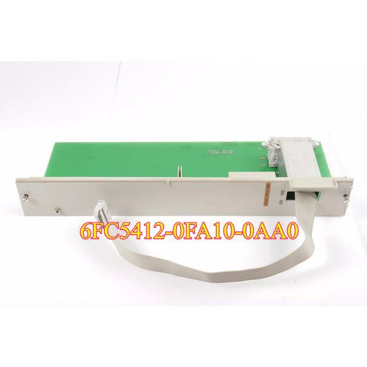 Siemens 6FC5412-0FA10-0AA0 PLC module, industrial automation part, white and green color, ribbon cable.